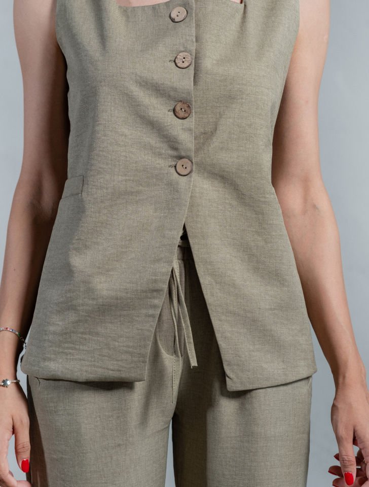 Venia Haki Keten Dokulu Yelek Pantolon Takım