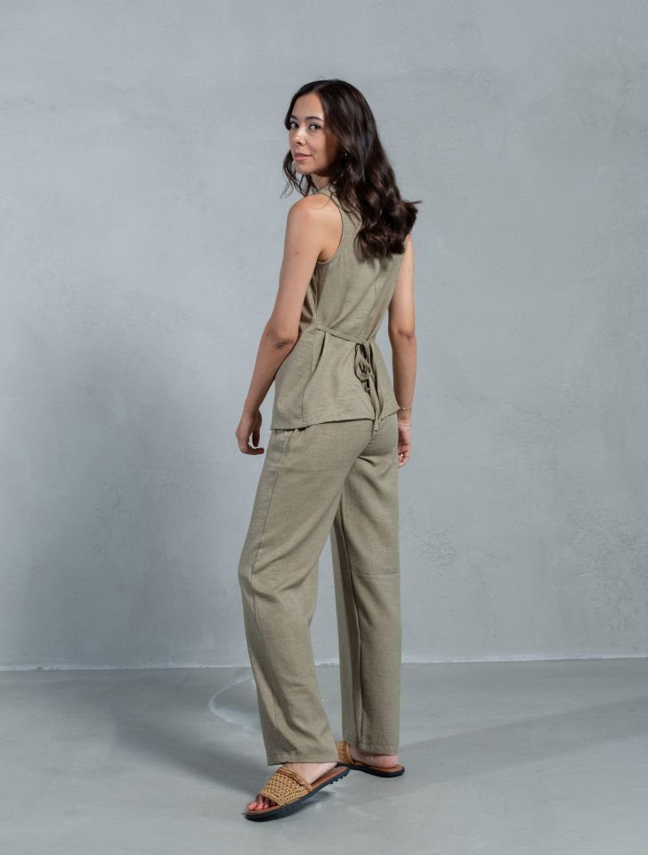 Venia Haki Keten Dokulu Yelek Pantolon Takım