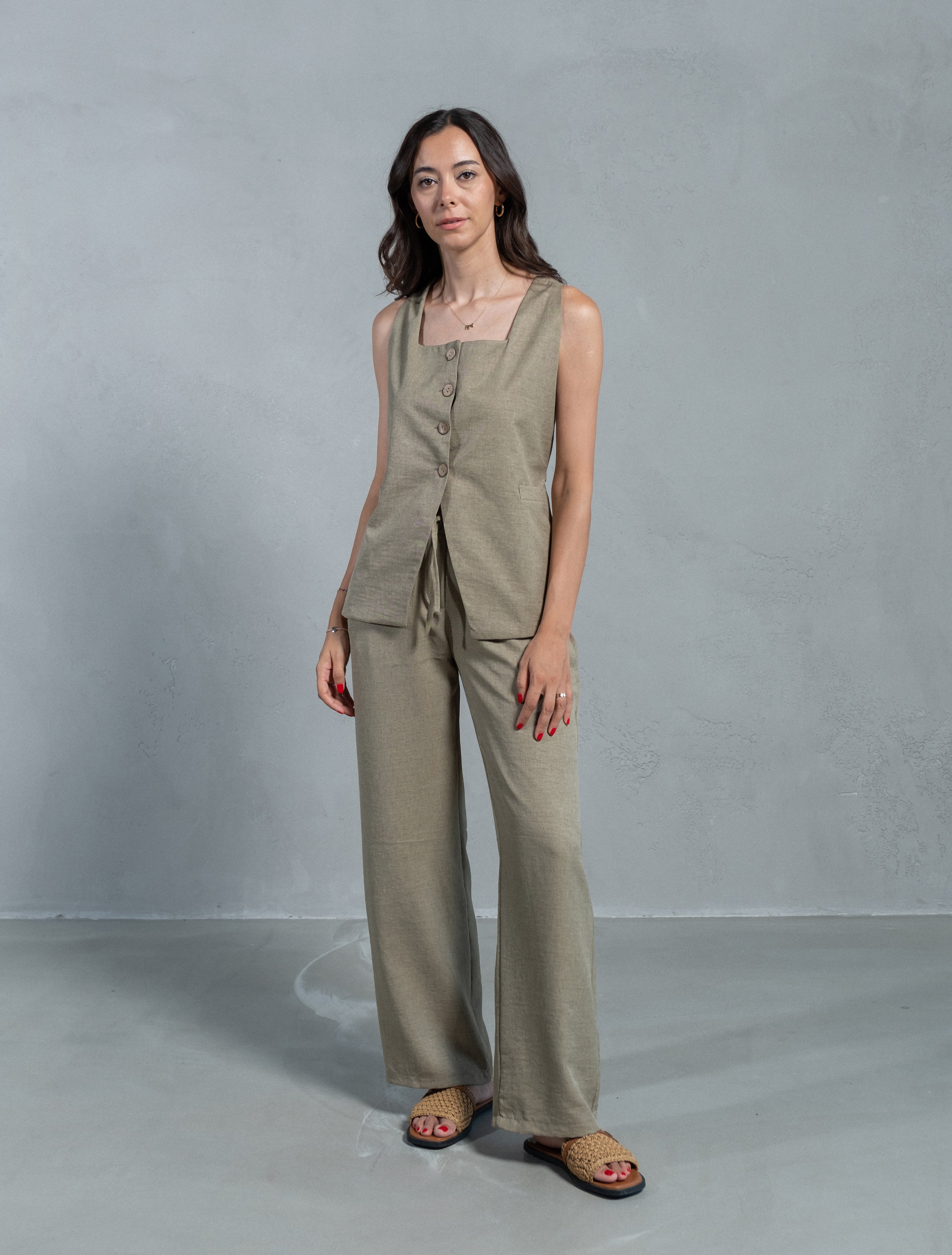 Venia Haki Keten Dokulu Yelek Pantolon Takım