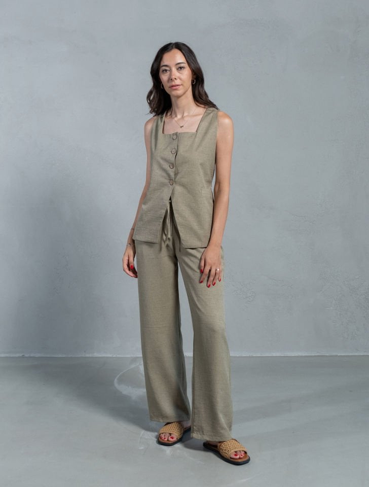 Venia Haki Keten Dokulu Yelek Pantolon Takım