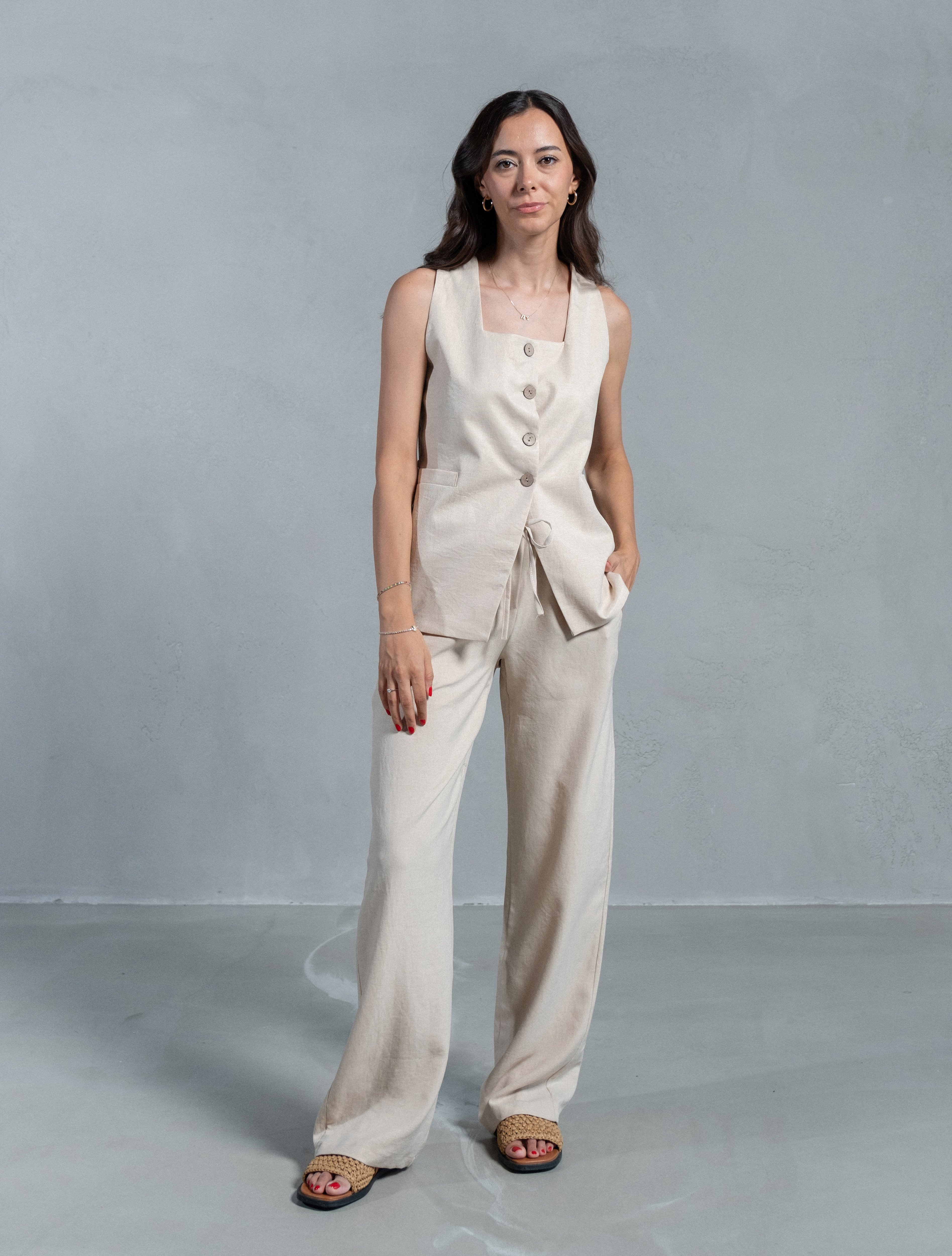 Venia Taş Keten Dokulu Yelek Pantolon Takım