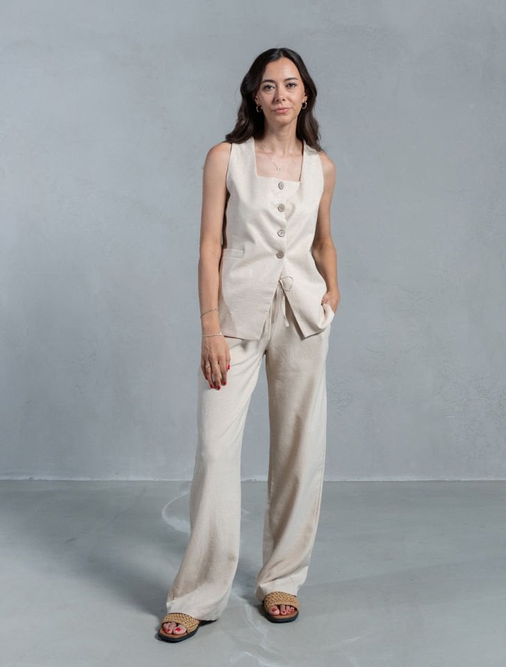 Venia Taş Keten Dokulu Yelek Pantolon Takım