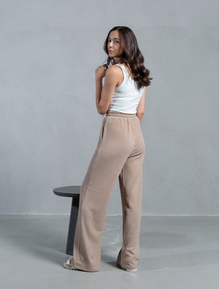 Bej Beli Lastikli Pantolon