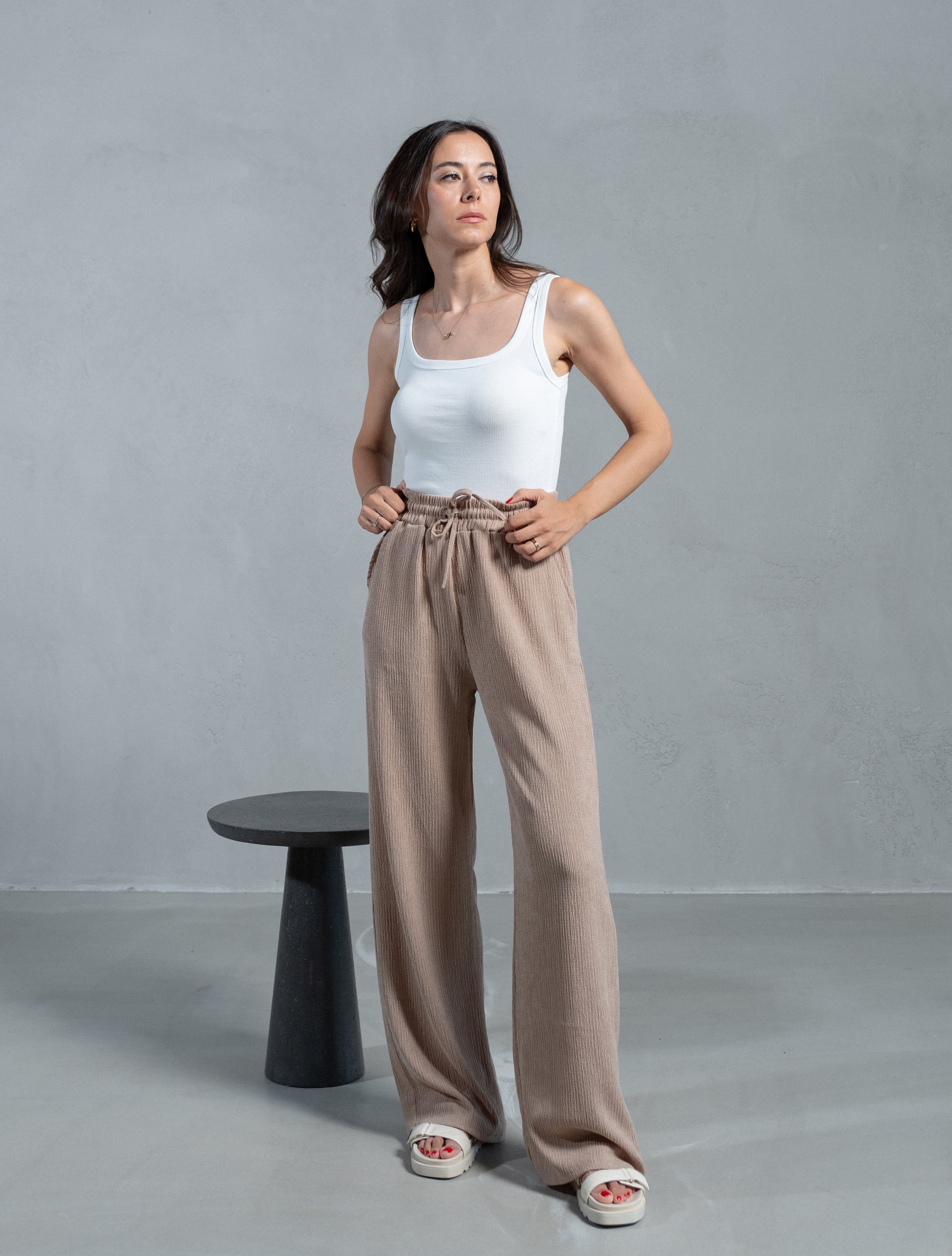 Mirella Bej Beli Lastikli Pantolon