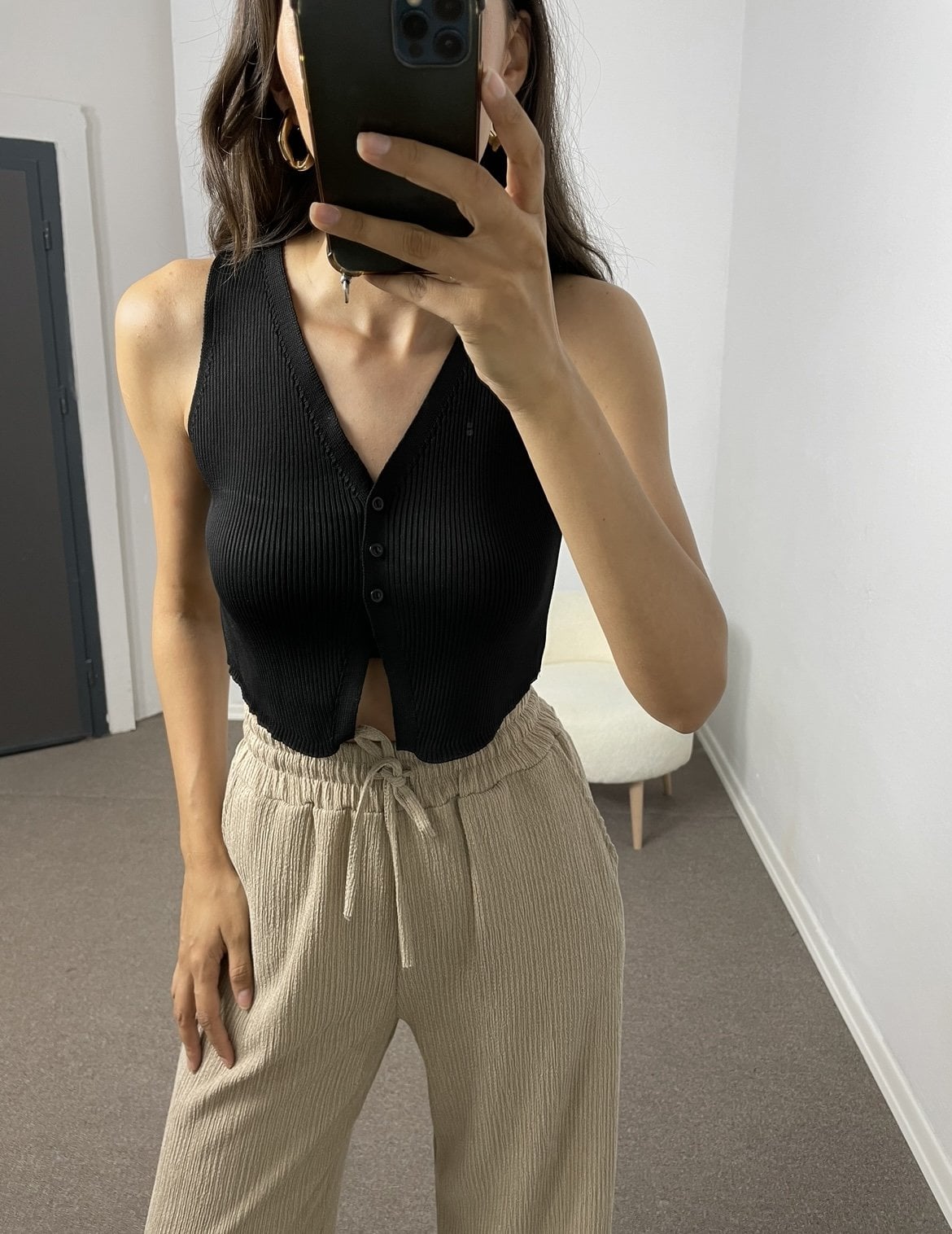 Solara Siyah 3 Düğmeli Crop Yelek