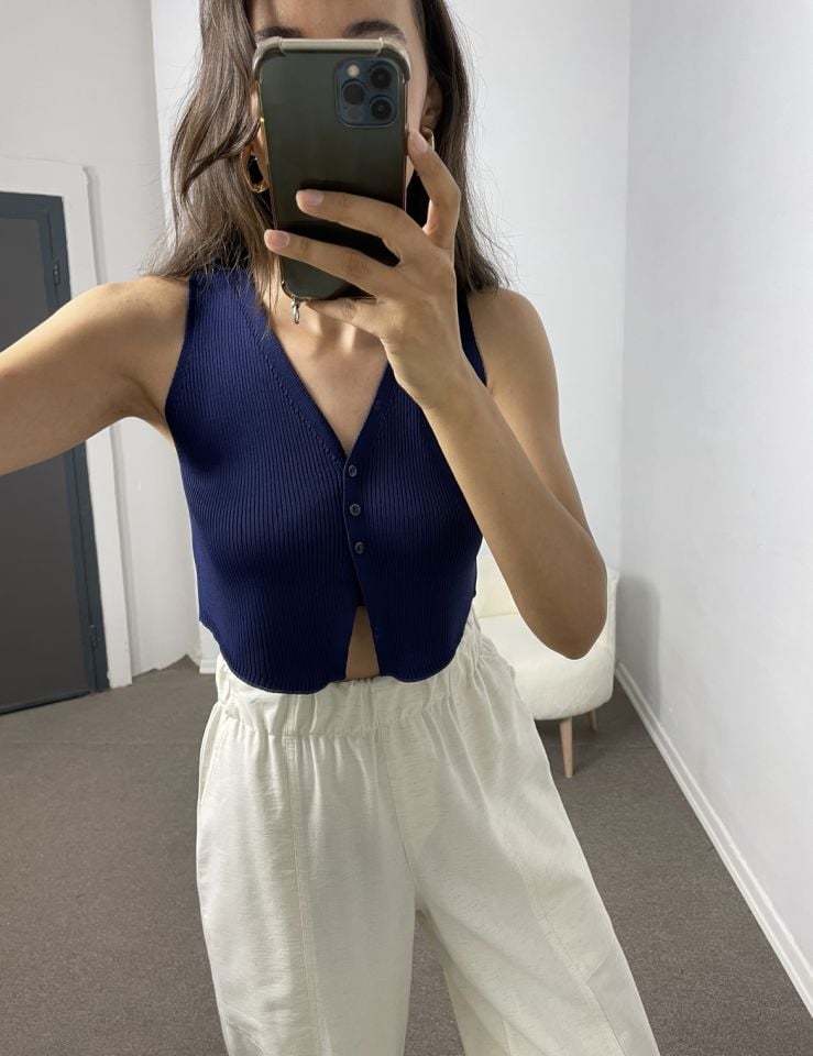 Lacivert 3 Düğmeli Crop Yelek