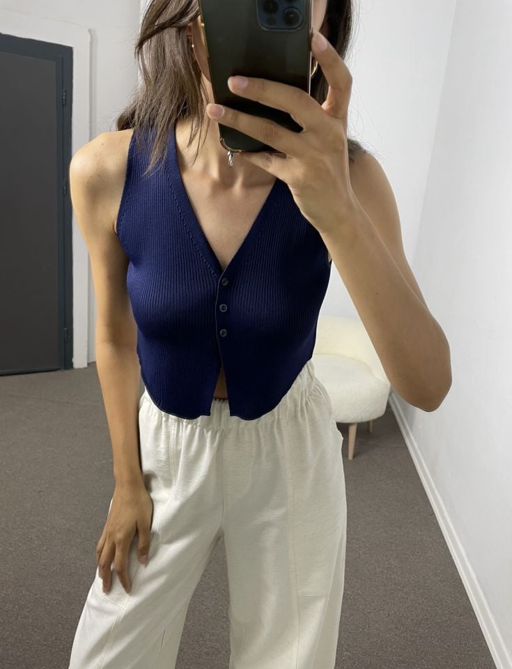 Lacivert 3 Düğmeli Crop Yelek