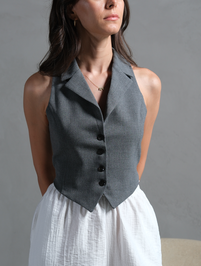 Ameline Gri Premium Bağlamalı Yelek