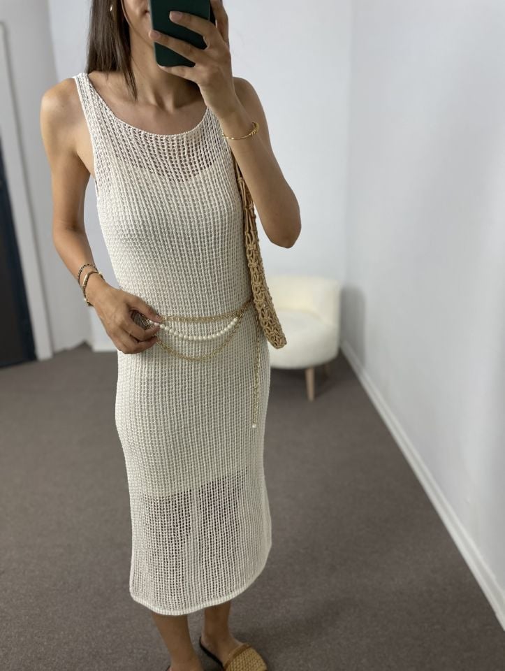 Helena Ekru Dilvin Astarlı Triko Elbise