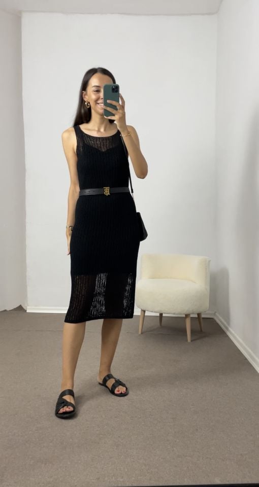 Helena Siyah Dilvin Astarlı Triko Elbise