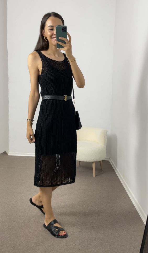 Helena Siyah Dilvin Astarlı Triko Elbise