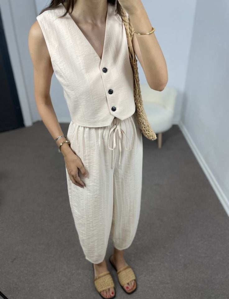 Alenya Bej Premium Yelek Pantolon Takım