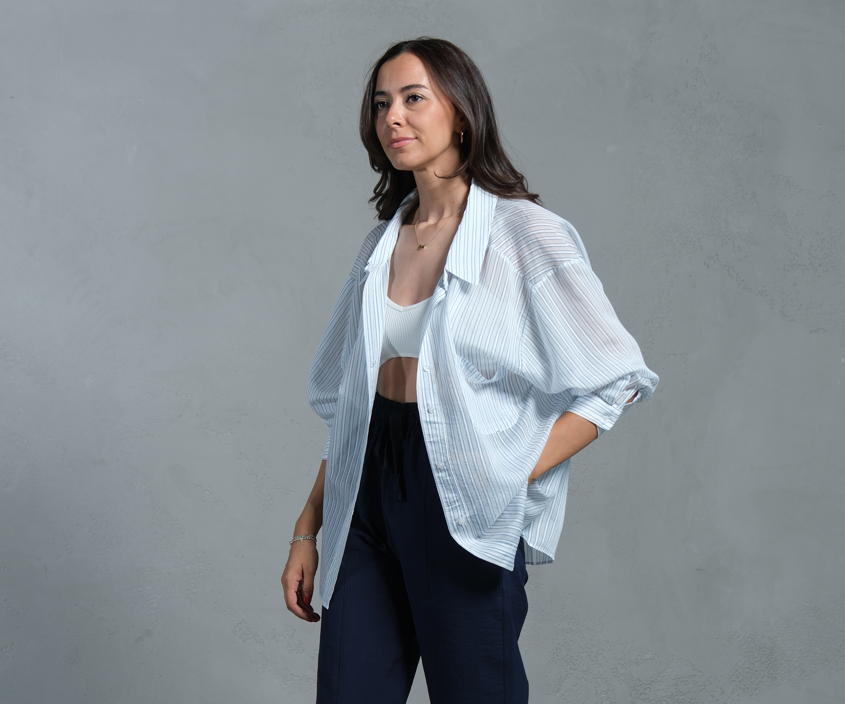 Elissa Mavi Çizgili Düşük Omuzlu Premium Gömlek