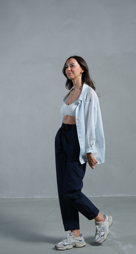 Elissa Mavi Çizgili Düşük Omuzlu Premium Gömlek