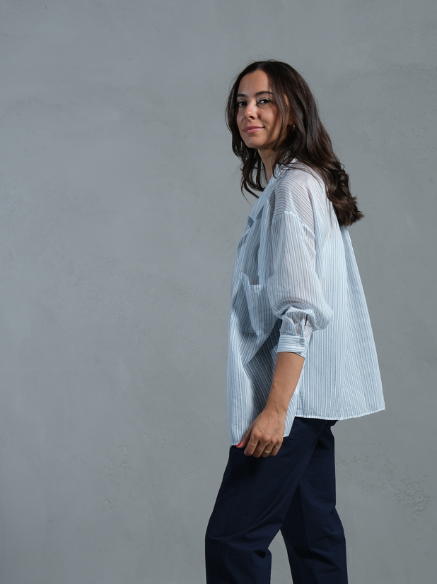 Elissa Mavi Çizgili Düşük Omuzlu Premium Gömlek
