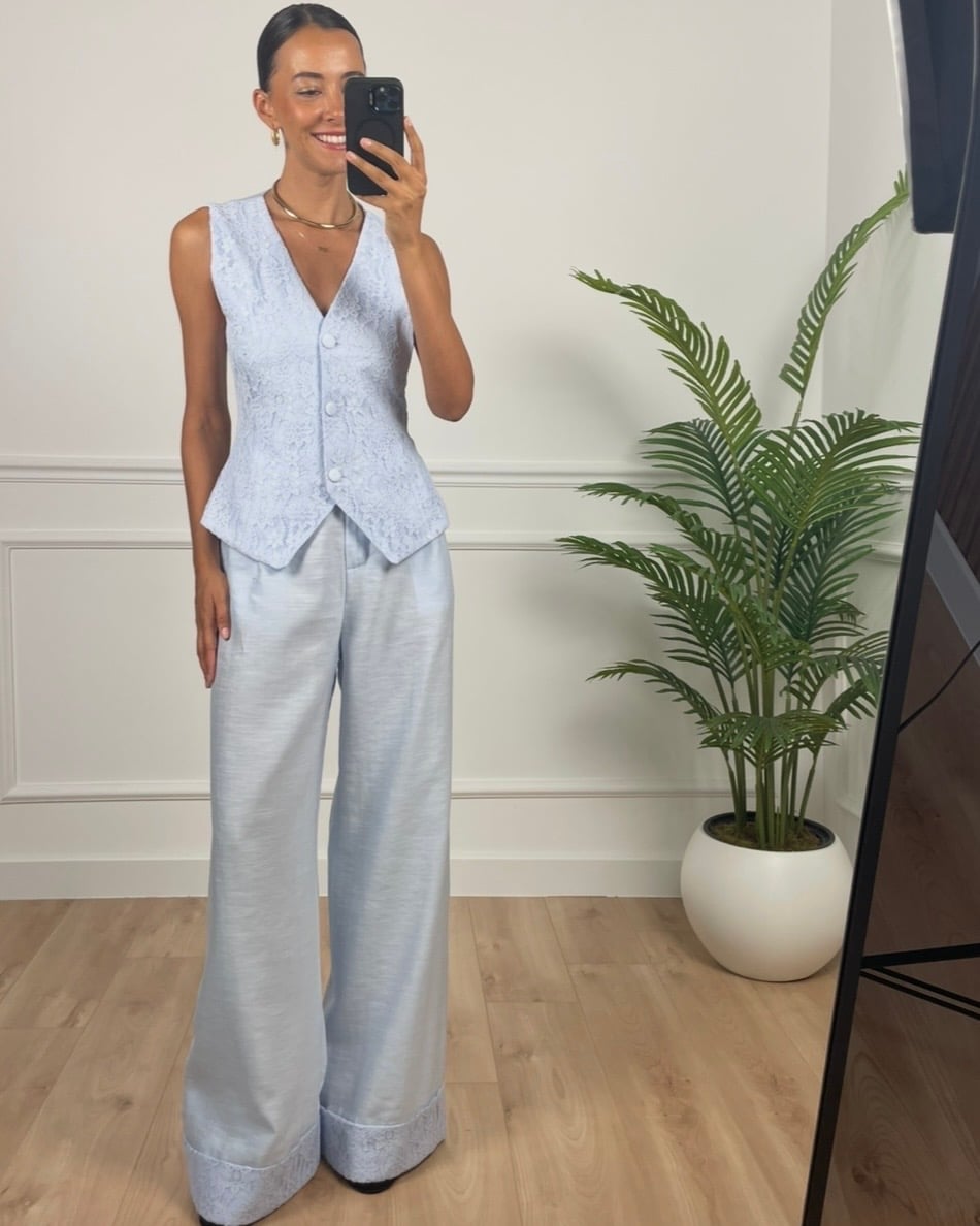 Roselle Bebe Mavi Keten Yelek Pantolon Takım