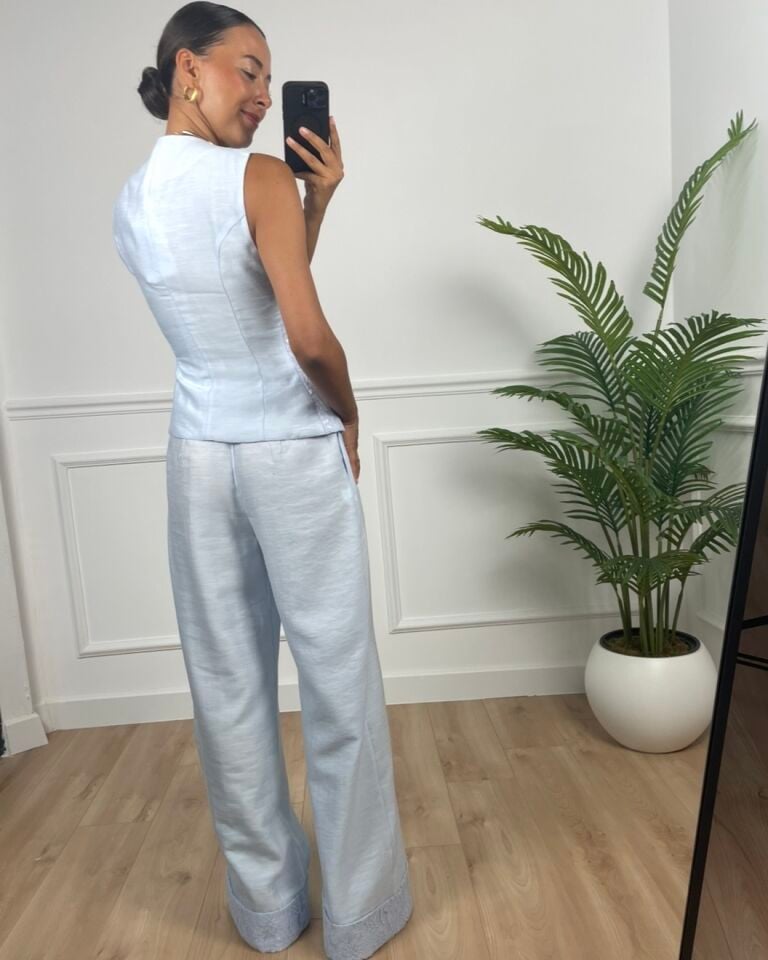 Roselle Bebe Mavi Keten Yelek Pantolon Takım