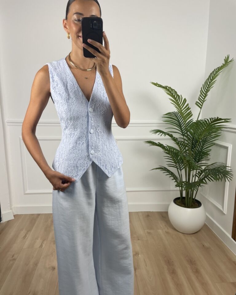 Roselle Bebe Mavi Keten Yelek Pantolon Takım