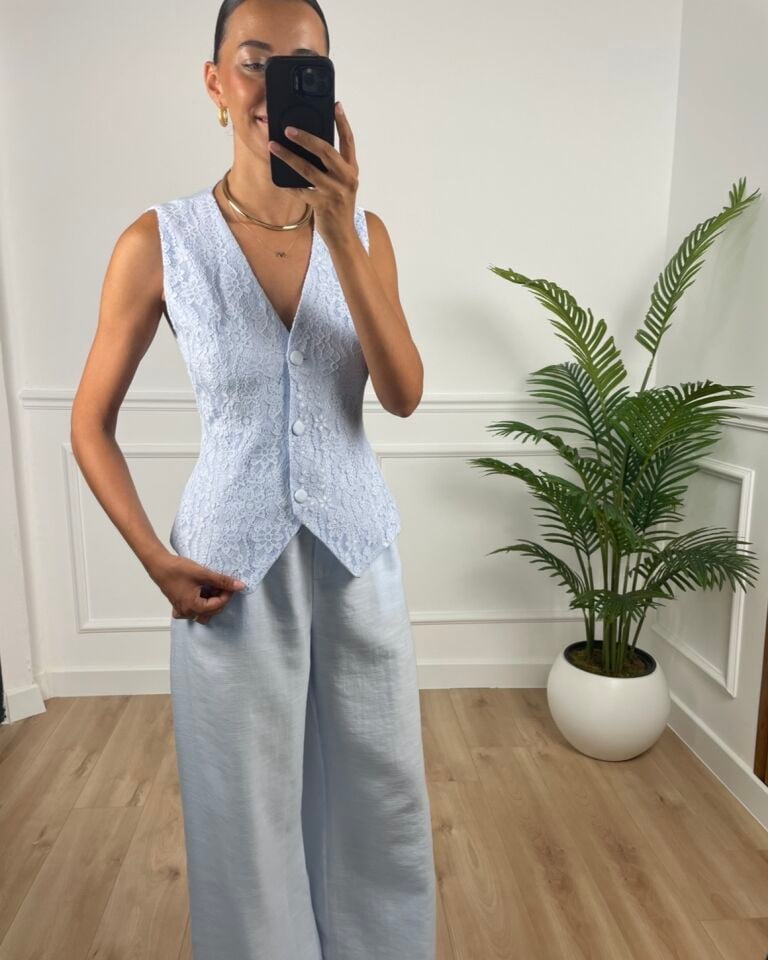 Roselle Bebe Mavi Keten Yelek Pantolon Takım