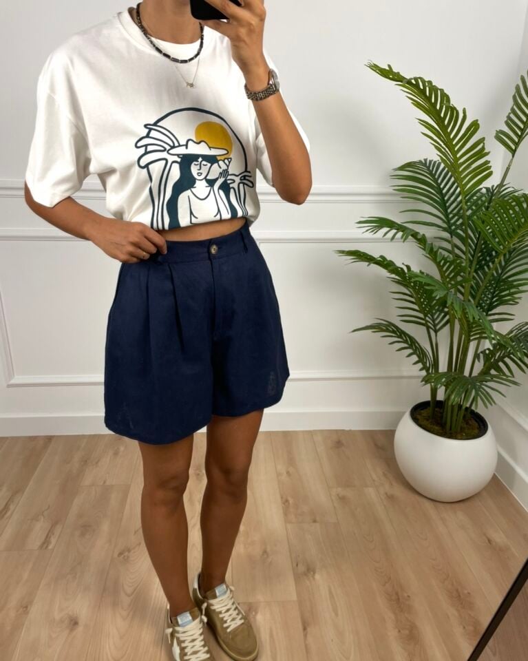 Corton Lacivert Keten Şort