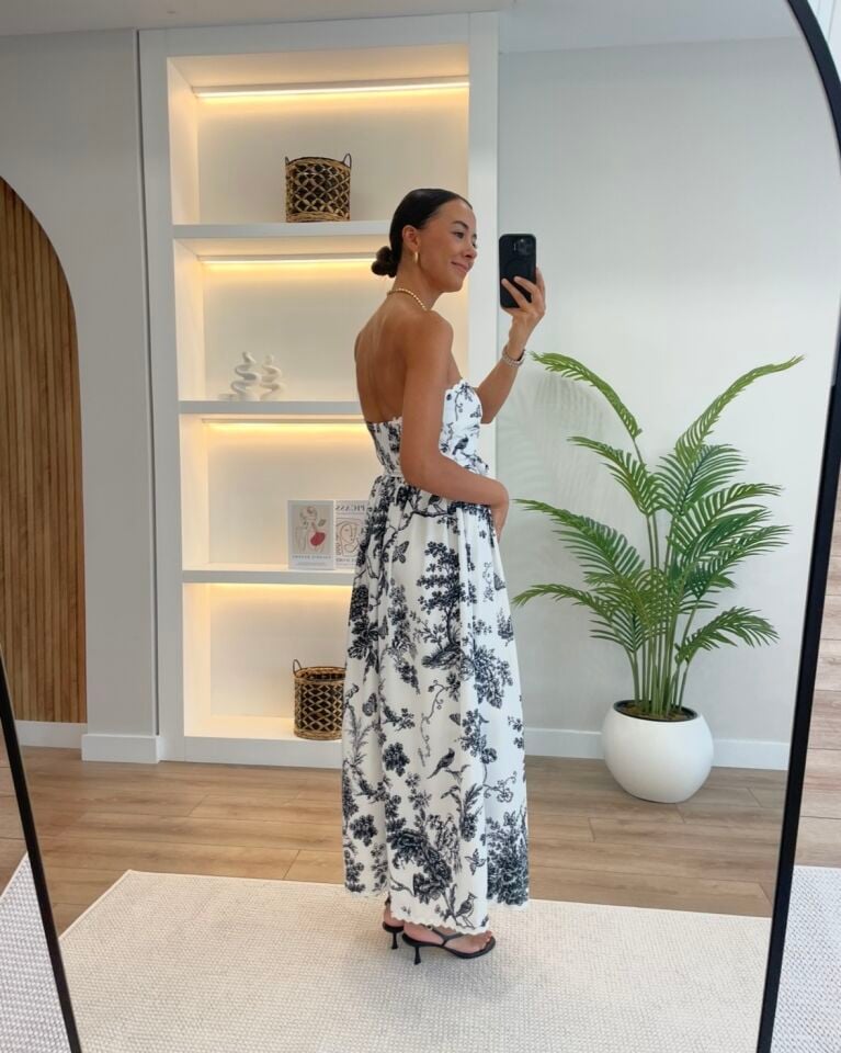 Tropez Siyah Çiçekli Straplez Elbise