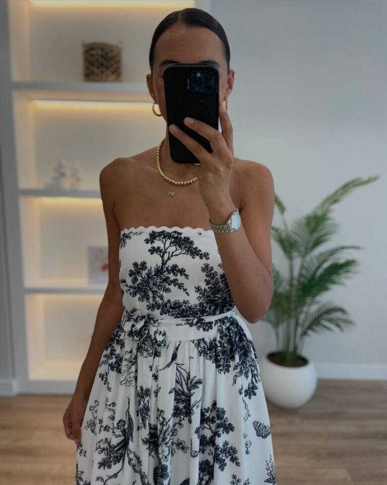 Tropez Siyah Çiçekli Straplez Elbise