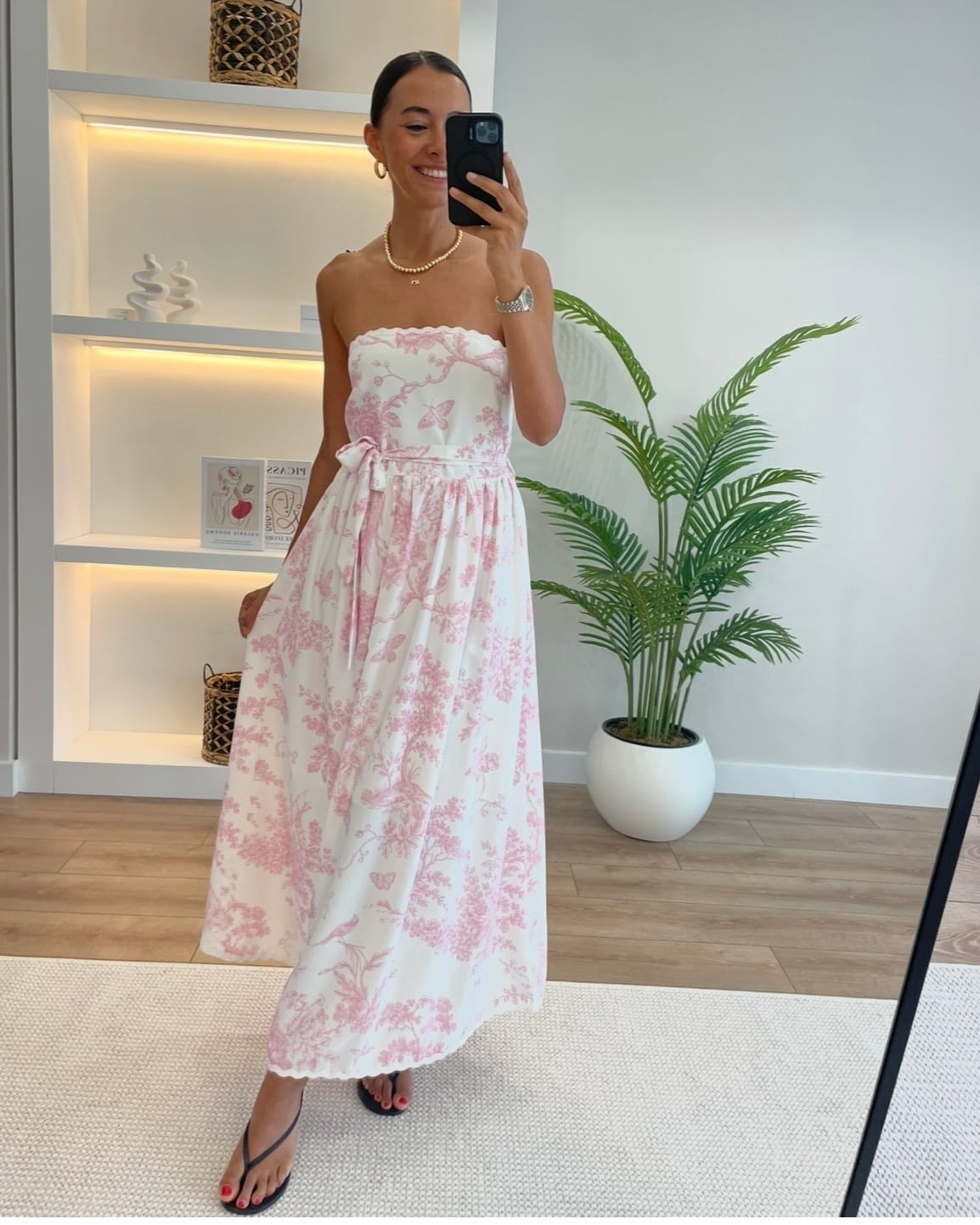 Tropez Pembe Çiçekli Straplez Elbise