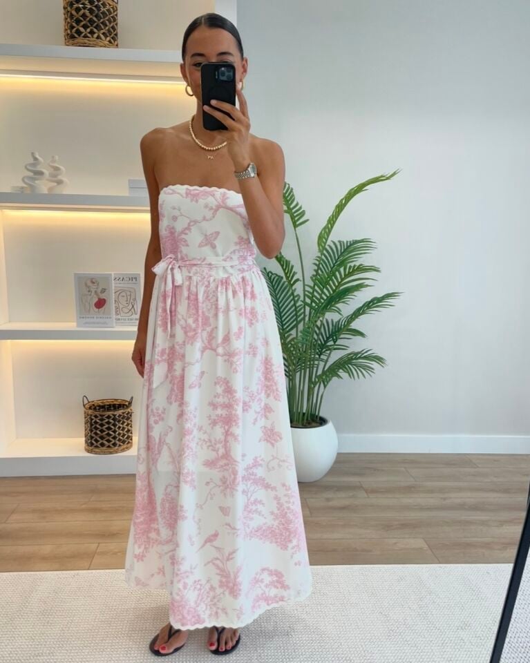 Tropez Pembe Çiçekli Straplez Elbise