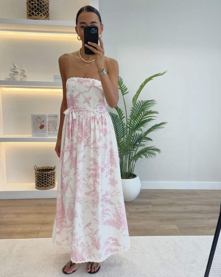 Tropez Pembe Çiçekli Straplez Elbise