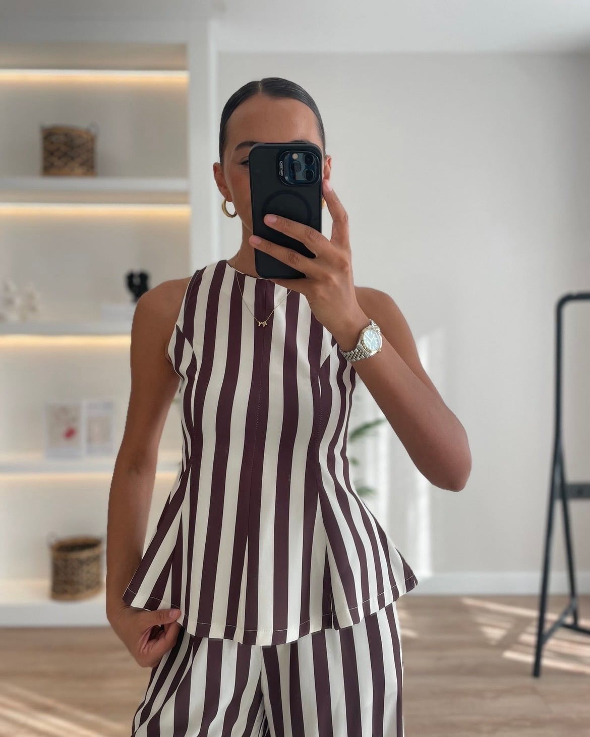 Stripe Kahverengi Çizgili Bluz Pantolon Takım