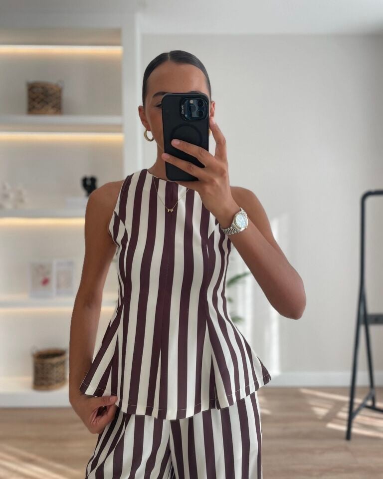 Stripe Kahverengi Çizgili Bluz Pantolon Takım