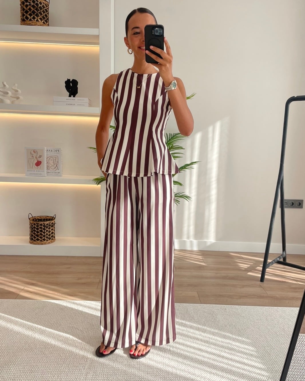 Stripe Kahverengi Çizgili Bluz Pantolon Takım