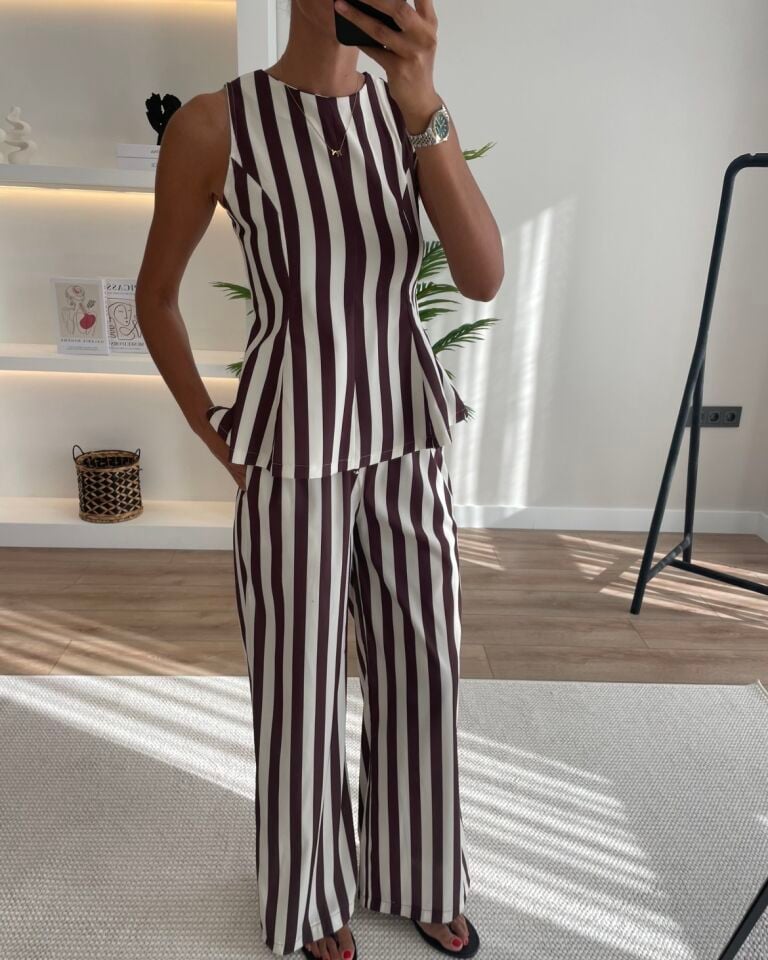Stripe Kahverengi Çizgili Bluz Pantolon Takım