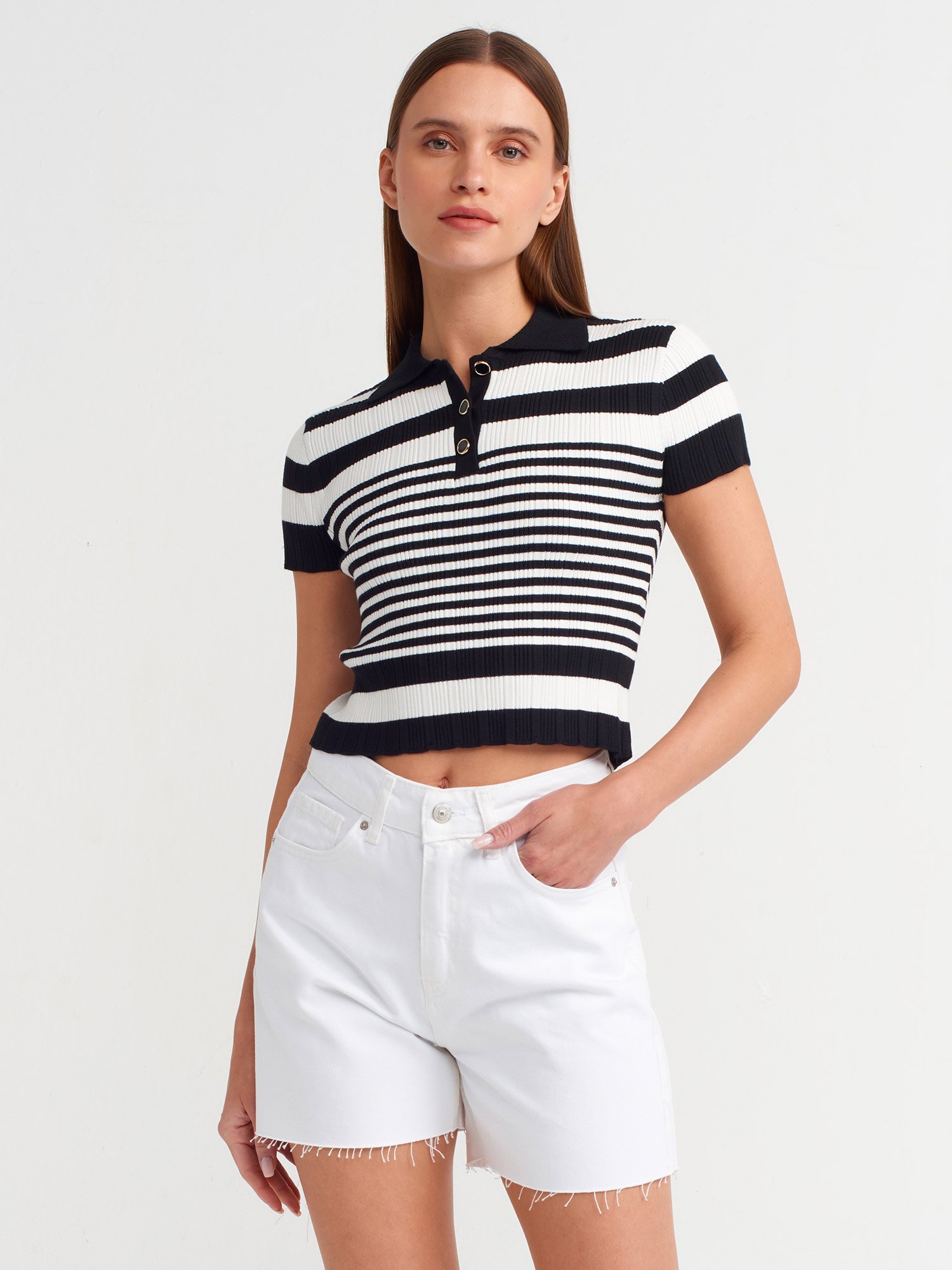 Çizgili Dilvin Polo Yaka Triko Tişört