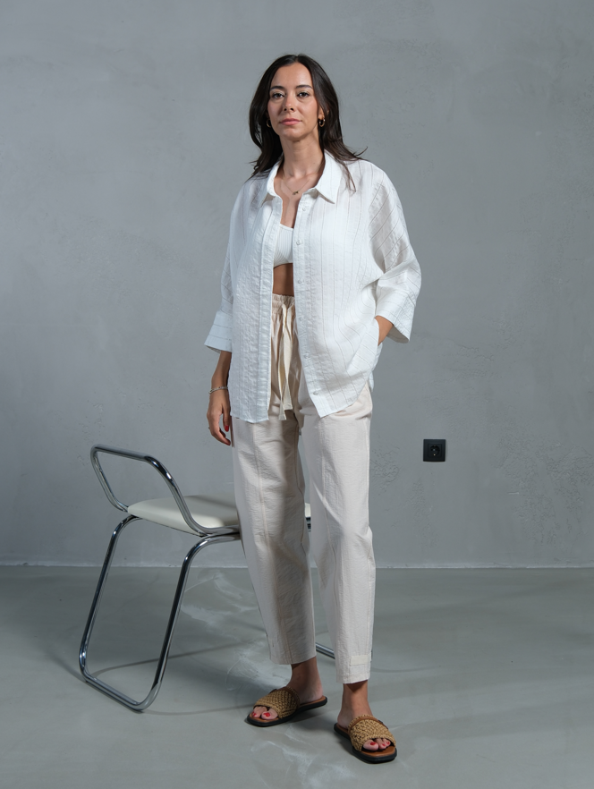 Ekru Sim İpli Oversize Premium Gömlek