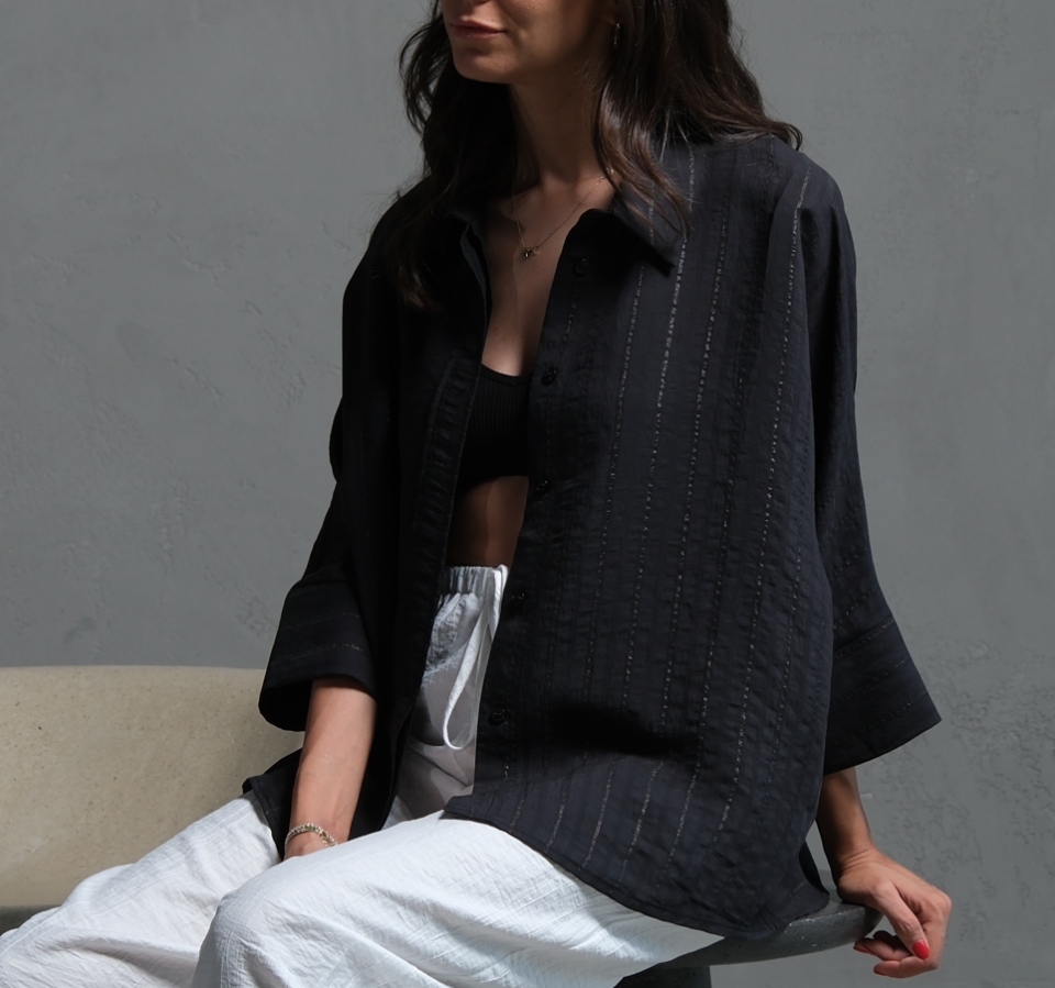 Siyah Sim İpli Oversize Premium Gömlek