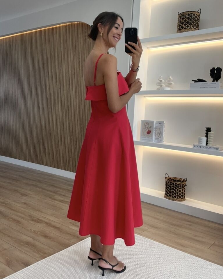 Amore Kırmızı Askılı Midi Elbise