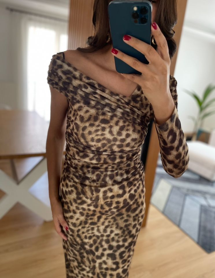 Leopar Desenli Midi Elbise