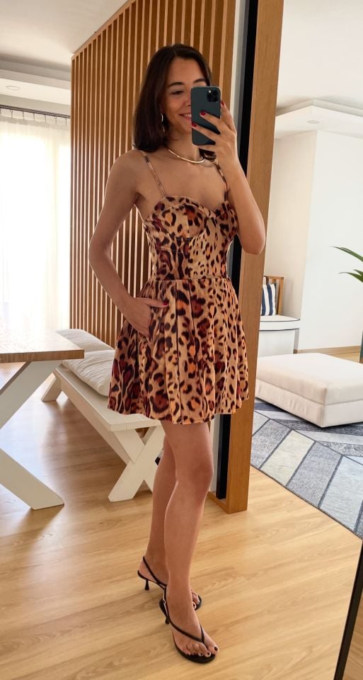 Leopar Desenli Premium Kadife Mini Elbise