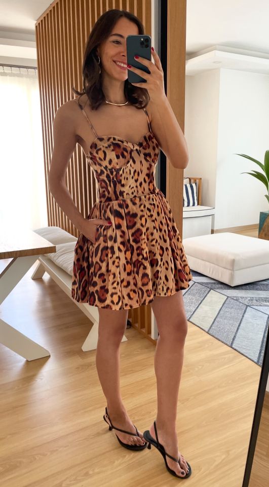Rosalie Leopar Desenli Premium Kadife Mini Elbise