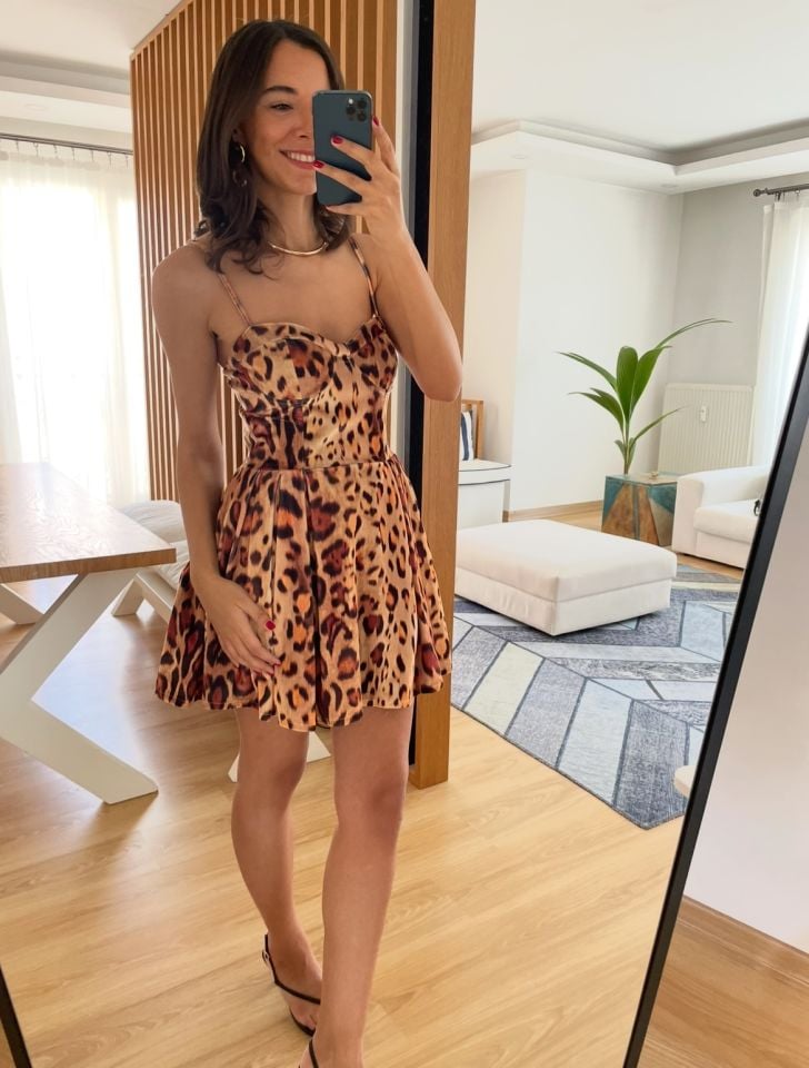 Leopar Desenli Premium Kadife Mini Elbise