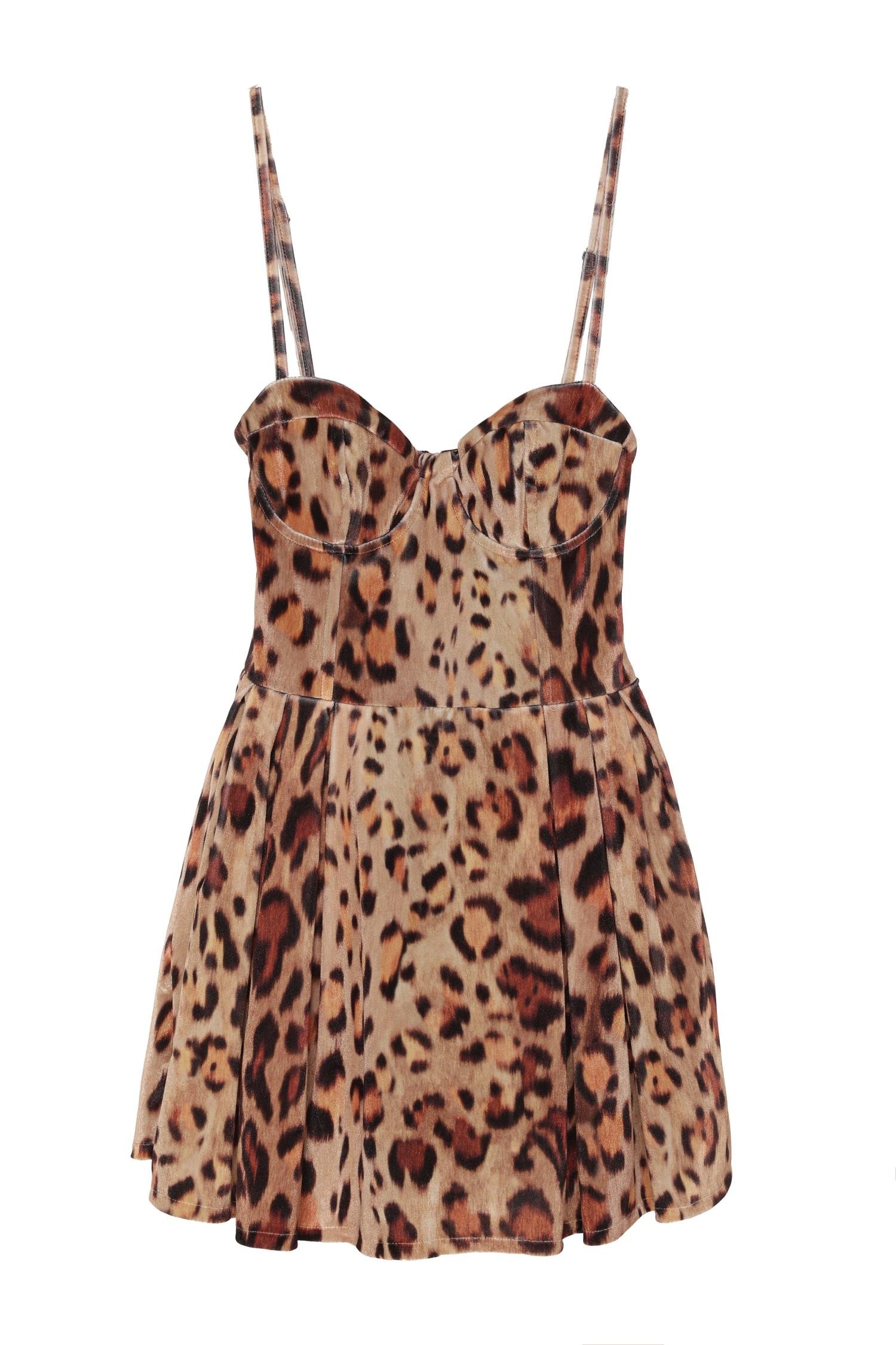 Leopar Desenli Premium Kadife Mini Elbise