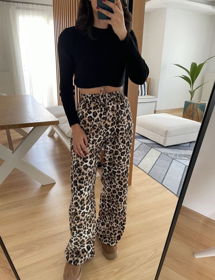 Leopar Beli Lastikli İnce Pantolon
