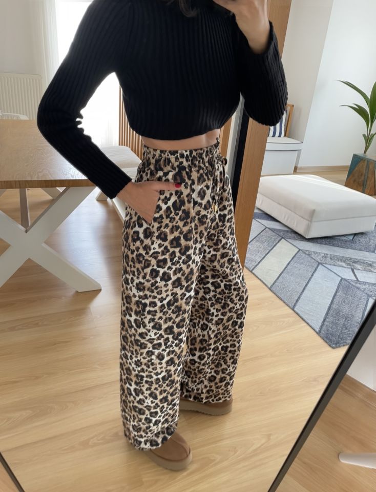 Leopar Beli Lastikli İnce Pantolon