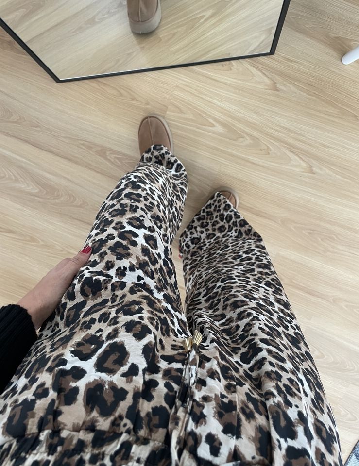Leopar Beli Lastikli İnce Pantolon