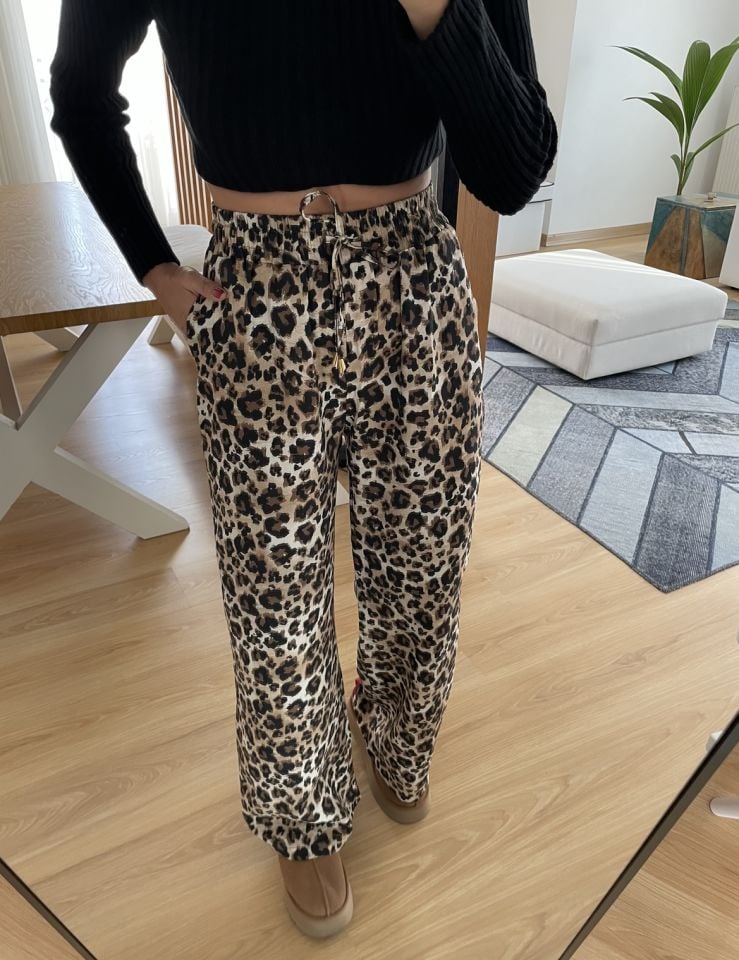 Leopar Beli Lastikli İnce Pantolon