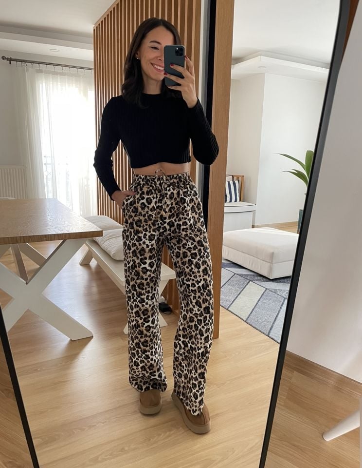 Leopar Beli Lastikli İnce Pantolon