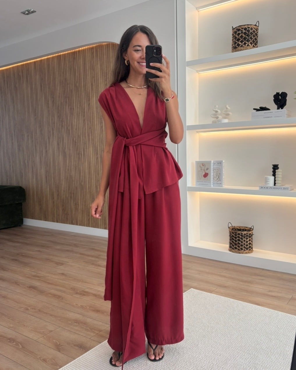 Riva Kırmızı Bağlama Detaylı Bluz Pantolon Takım