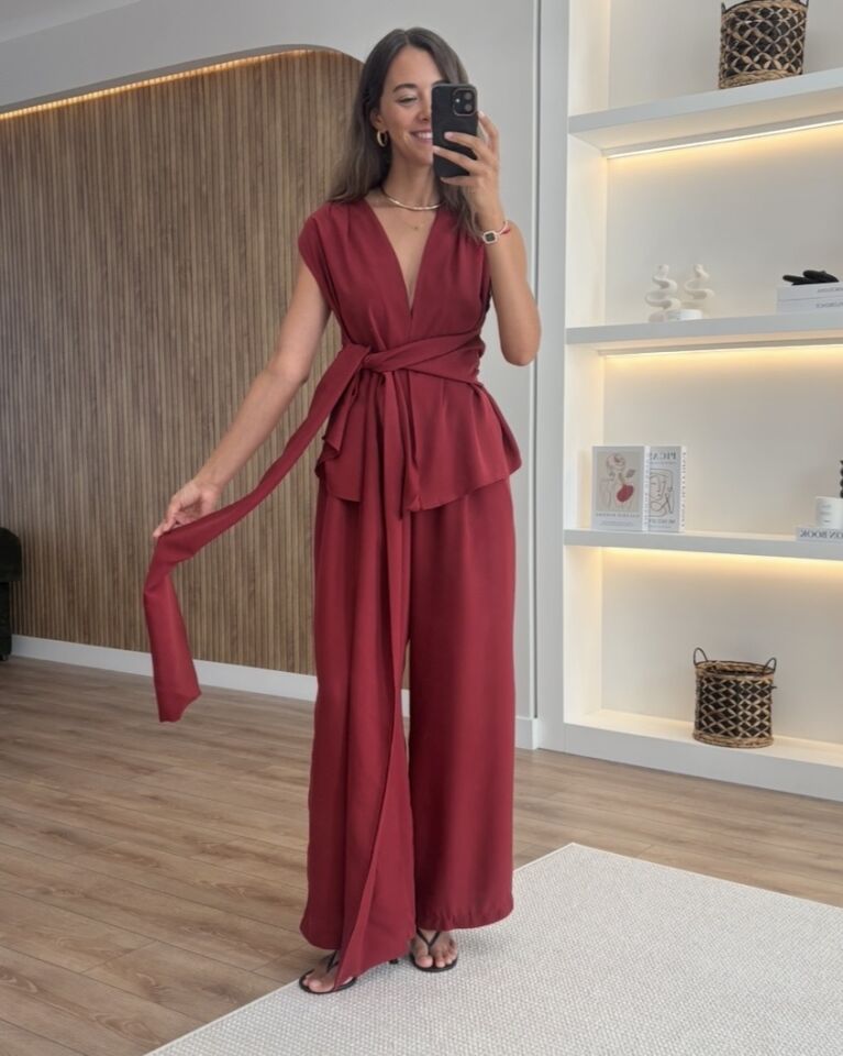 Riva Kırmızı Bağlama Detaylı Bluz Pantolon Takım