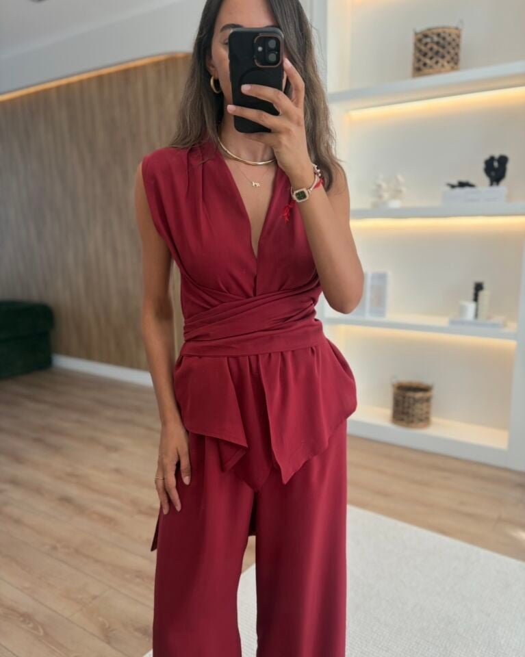 Riva Kırmızı Bağlama Detaylı Bluz Pantolon Takım
